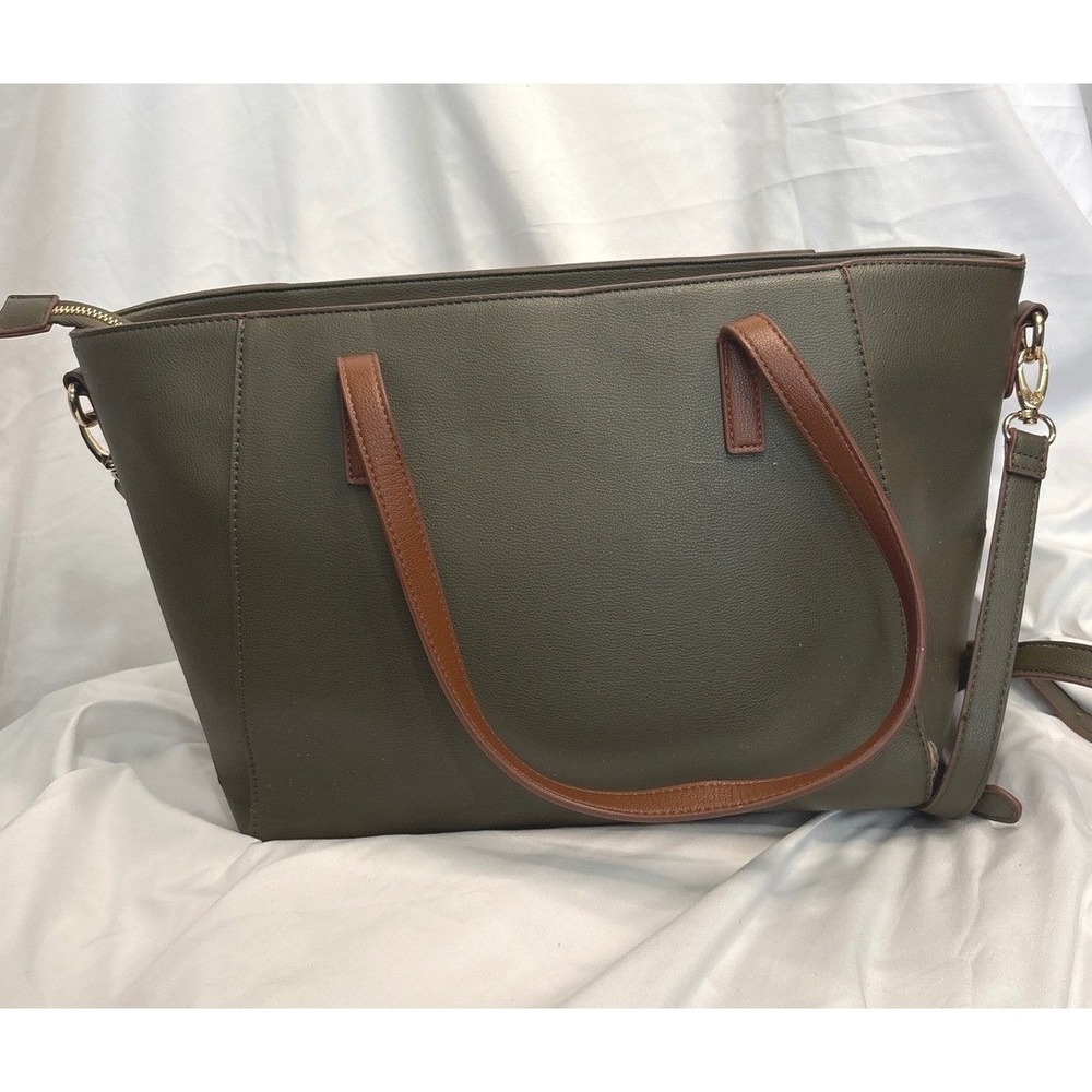 Dune London Olive Green Tan Colorblock Faux Leather Tote Crossbody Bag - Picture 4 of 8